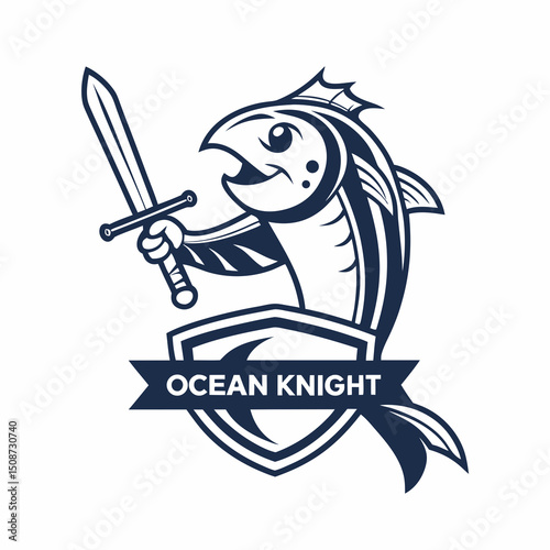 Cartoon Fish Knight Logo with Sword and Shield for Gaming or Sports