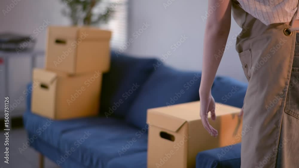 custom made wallpaper toronto digitalA person is holding a cardboard box in a room with a blue couch. The room appears to be empty and ready for packing