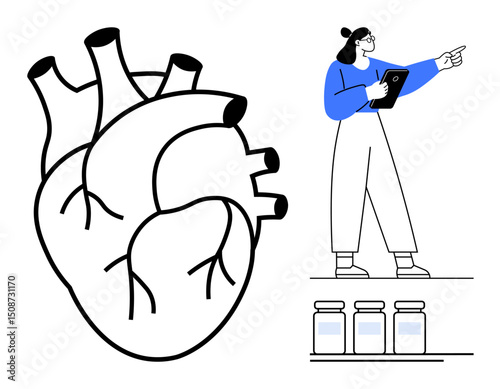 Anatomical heart illustration paired with a healthcare worker holding a clipboard and pointing, next to labeled medication vials. Ideal for medicine, cardiology, health education, anatomy