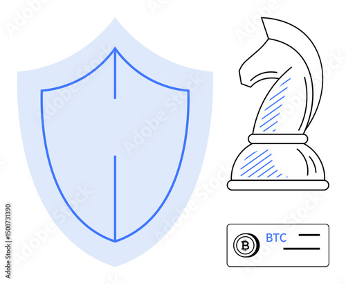 Shield symbolizing protection, chess knight for strategic planning, and Bitcoin card for cryptocurrency. Ideal for cybersecurity, finance, investment, digital strategy, innovation, planning