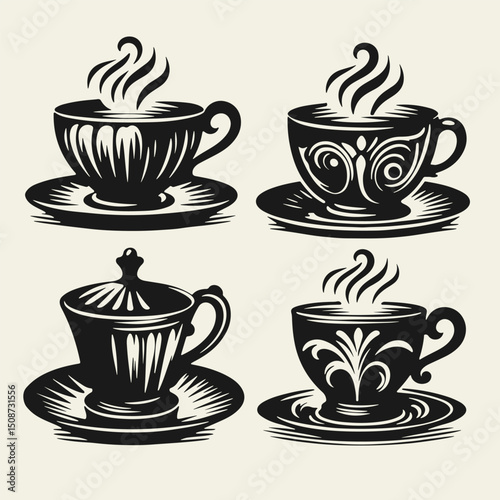 Collection of elegant vintage-style black and white tea cups. Hand-drawn in linocut technique with bold outlines and classic shapes, perfect for retro designs and tea-themed projects.