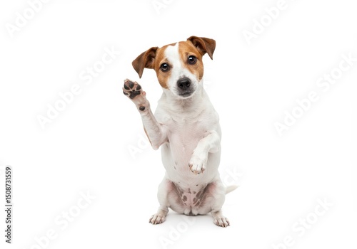 Jack russell terrier on white background with paw raised in greeting or waving gesture