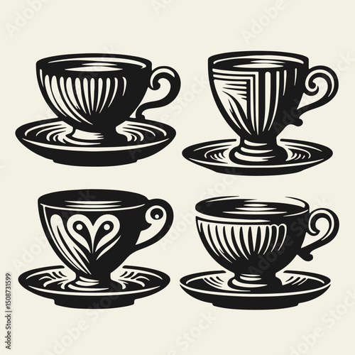 Collection of elegant vintage-style black and white tea cups. Hand-drawn in linocut technique with bold outlines and classic shapes, perfect for retro designs and tea-themed projects.