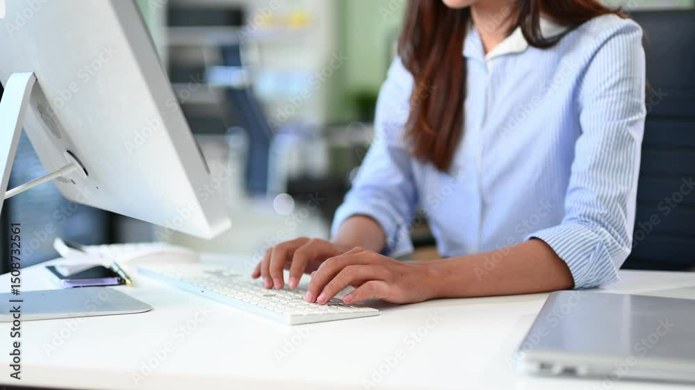 Businesswoman hand working digital marketing media with mobile phone and modern compute at office