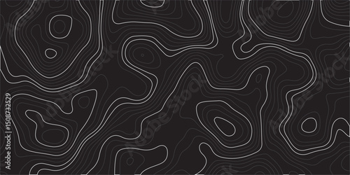 "Create a seamless dark topographic map pattern with fluid, wavy contour lines in grayscale tones. The design should have an abstract, modern aesthetic suitable for backgrounds or digital wallpapers."