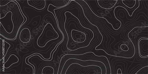 "Create a seamless dark topographic map pattern with fluid, wavy contour lines in grayscale tones. The design should have an abstract, modern aesthetic suitable for backgrounds or digital wallpapers."