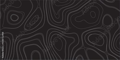 "Create a seamless dark topographic map pattern with fluid, wavy contour lines in grayscale tones. The design should have an abstract, modern aesthetic suitable for backgrounds or digital wallpapers."