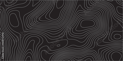  A detailed topographic map pattern featuring thin gray contour lines on a solid black background, indicating varying elevations of a landscape.