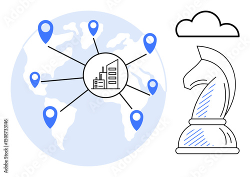 World map with location points linked to a central business hub, cloud icon, and chess knight. Ideal for strategy, global reach, planning, decision-making, logistics innovation teamwork. Flat