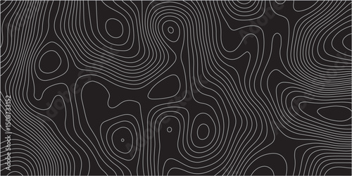  A detailed topographic map pattern featuring thin gray contour lines on a solid black background, indicating varying elevations of a landscape.