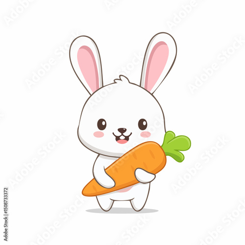 Kawaii Bunny Rabbit Holding a Carrot with Big Ears and Pink Cheeks