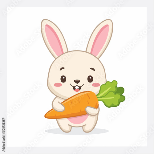 Kawaii Bunny Rabbit Holding a Carrot with Big Ears and Pink Cheeks
