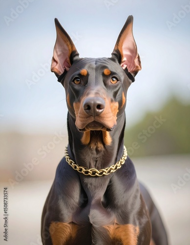 beautiful detailed close up image of a doberman pincher dog looking at camera