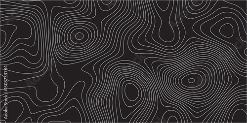  A detailed topographic map pattern featuring thin gray contour lines on a solid black background, indicating varying elevations of a landscape.