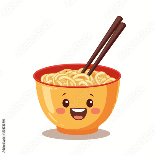 Cute ramen noodles in yellow bowl with chopsticks.  Happy ramen bowl with delicious noodles perfect for kids menu.  Smiling ramen bowl illustration ideal for restaurant advertising and branding.