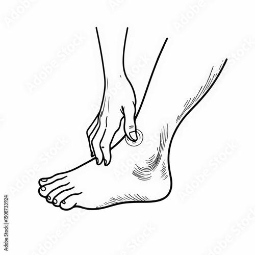 Foot pain illustration showing hands holding painful ankle. Detailed drawing of human foot with ankle injury. This image is perfect for medical publications, brochures, and educational materials.