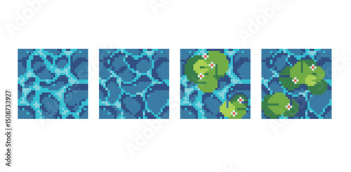 Water waves pixel art square blocks.  Sea or ocean surface  seamless pattern textures 8 bit platform tiles. Game development, mobile app template. Texture grid vector illustration.