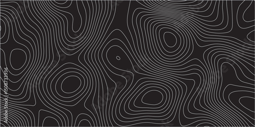  A detailed topographic map pattern featuring thin gray contour lines on a solid black background, indicating varying elevations of a landscape.
