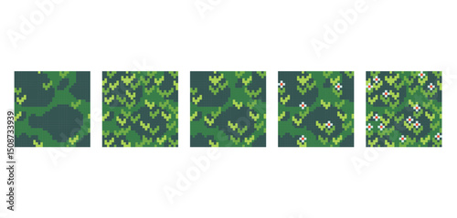  Grass, leaves and flowers pixel art square blocks. Meadow, garden seamless pattern textures 8 bit platform tiles. Game development, mobile app template. Texture grid vector illustration.