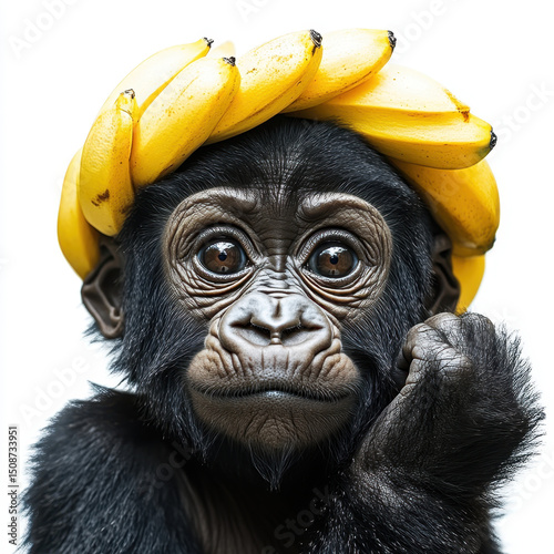 Adorable Baby Gorilla Wearing Banana Headwear Against White Background