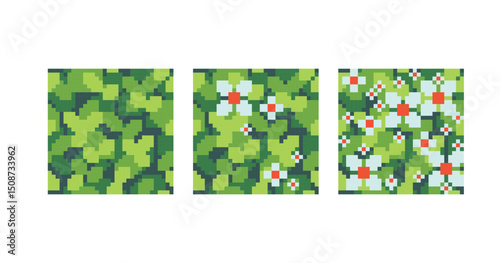  Grass, leaves and flowers pixel art square blocks. Meadow, garden seamless pattern textures 8 bit platform tiles. Game development, mobile app template. Texture grid vector illustration.