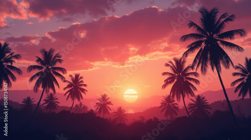 Serene sunset over tropical landscape, featuring palm trees silhouetted against vibrant pink and orange skies. tranquil scene evokes sense