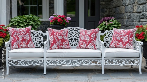 White ornate metal patio sofa with red patterned cushions, flowers, and stone patio. photo