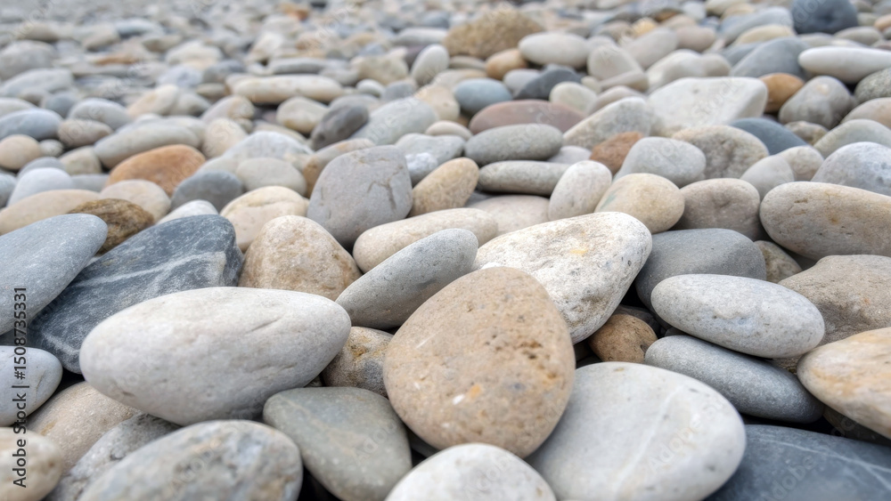 Top view of smooth river pebbles in gray and beige tones. Generative AI. Top view of smooth river pebbles in gray and beige tones. Generative AI.