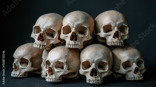 Stacked skulls on dark background, memento mori concept,  for Halloween or thriller film