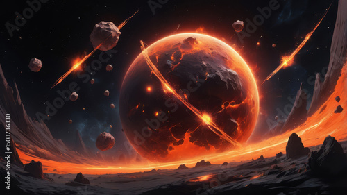 A dramatic scene of a fiery planet breaking apart amid a field of asteroids and glowing meteors in deep space, showcasing cosmic destruction and celestial chaos.