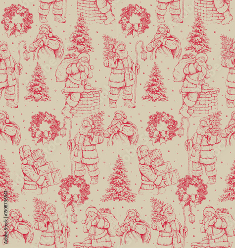 Seamless Vintage Christmas Santa Claus Pattern For Gift Wrap And Fabric Print