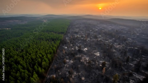 Aerial view of wildfire cutting through forest at sunset