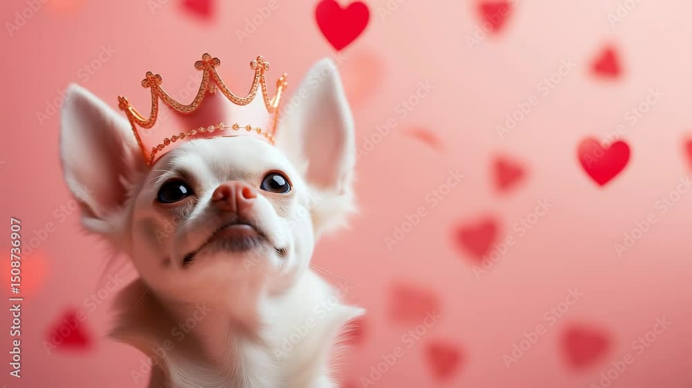 Adorable chihuahua wearing a crown against a pink heart background. Saint Valentine's day background.