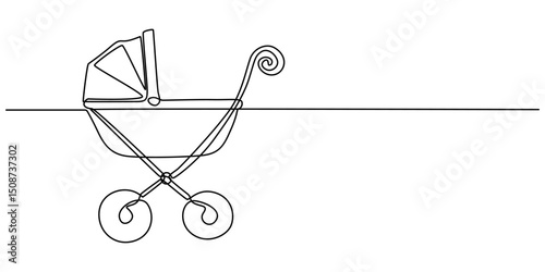 One Continuous Line Drawing of Baby Stroller Icon. Single Line Vector Illustration, Continuous One Line Drawing of a Baby Carriage - Minimalist Nursery Art Vector Illustration, Modern baby stroller.