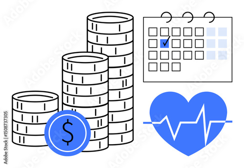 Stacked coins, dollar symbol, calendar with marked date, and heart with heartbeat line. Ideal for finance, health management, time planning, budgeting wellness savings healthcare. Flat simple