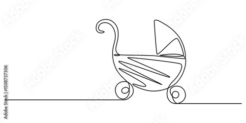 One Continuous Line Drawing of Baby Stroller Icon. Single Line Vector Illustration, Continuous One Line Drawing of a Baby Carriage - Minimalist Nursery Art Vector Illustration, Modern baby stroller.