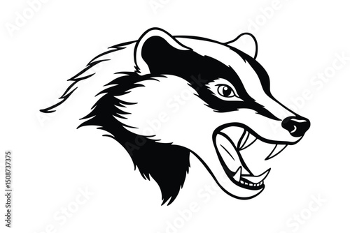 A black and white art illustration of a growling badger baring teeth.eps