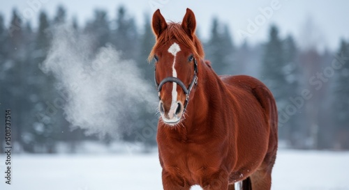Red horse breathing in cold winter landscape with forest background   photo