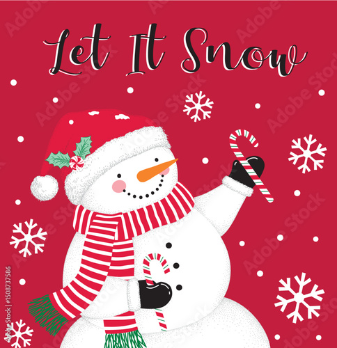 Christmas Snowmen With Snowflakes For Poster Card And Banner On Red Background