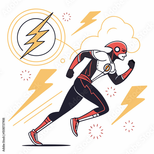 Superhero Running with Lightning Bolt Symbol and Speed Effects Illustration