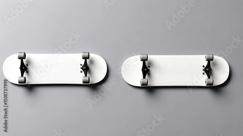 Two white skateboards on gray background