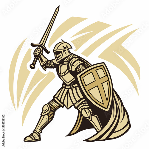 Illustration of a medieval knight in armor holding sword and shield