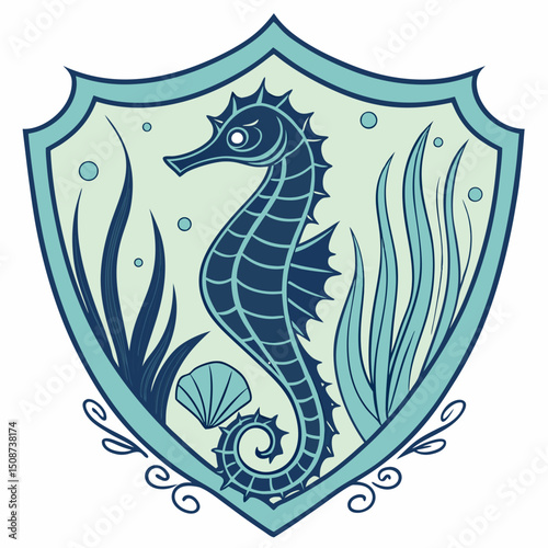 Seahorse and Seashell Emblem in Shield with Seaweed and Bubbles