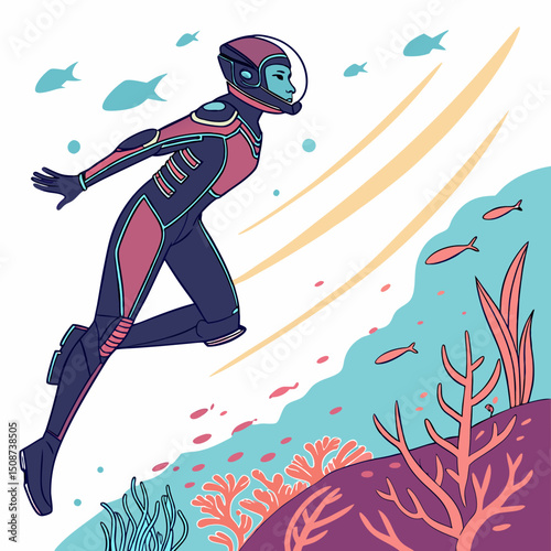 Astronaut Exploring Underwater World in Spacesuit with Coral and Fish Illustration