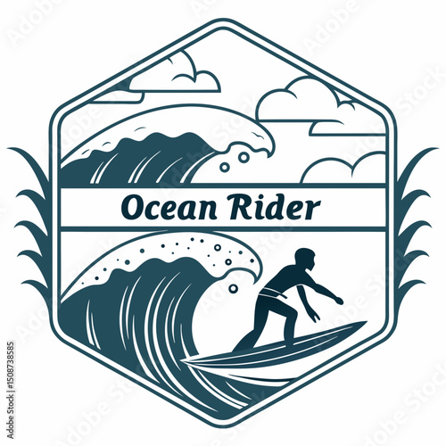 Ocean Rider Surfing Badge with Waves and Clouds in a Geometric Frame