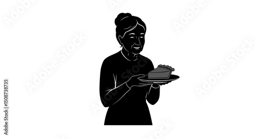Elderly woman holding a slice of cake on a plate in a kitchen  