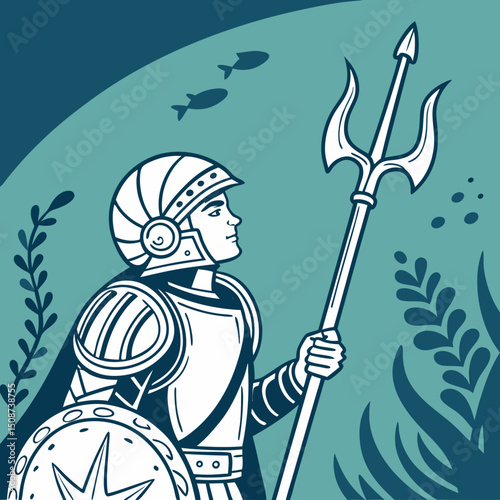 Poseidon Illustration in Armor with Trident and Shield in Underwater Scene