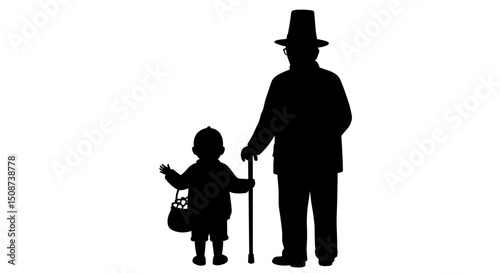 Elderly man and child holding hands in silhouette on white background  