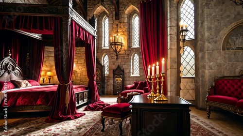 Elegant royal bedroom with four-poster bed, red velvet drapes, stone walls, and antique furnishings in a castle