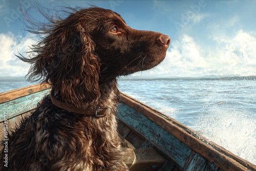 Boykin Spaniel photorealistic on a boat sunny day wind in fur photo